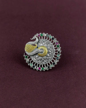 PEACOCK MOTIF OXIDISED SILVER & MULTI-STONE STATEMENT RING   ##AS005