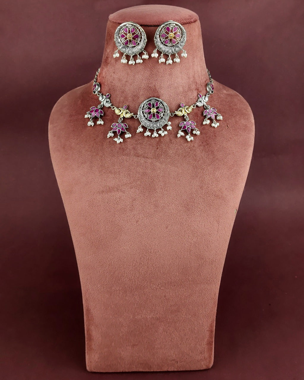 VINTAGE PINK CHARM OXIDISED NECKLACE & STUD EARRINGS SET WITH PEARL DANGLERS   ##AS003