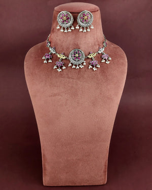 VINTAGE PINK CHARM OXIDISED NECKLACE & STUD EARRINGS SET WITH PEARL DANGLERS   ##AS003