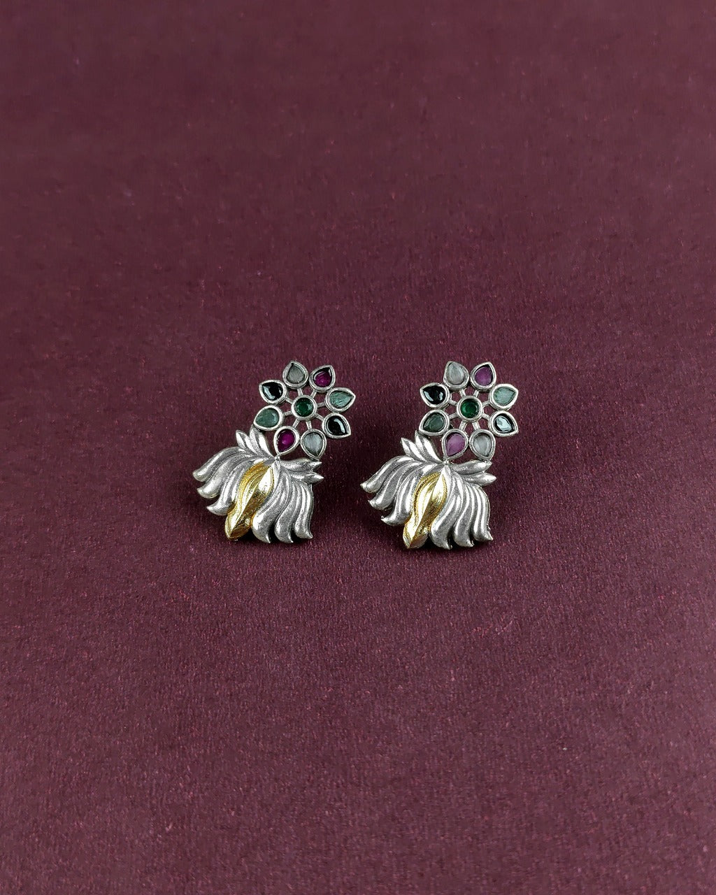 OXIDISED SILVER FLORAL STUDS WITH GOLD LEAF DETAILING   ##AS006