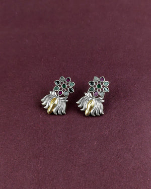 OXIDISED SILVER FLORAL STUDS WITH GOLD LEAF DETAILING   ##AS006
