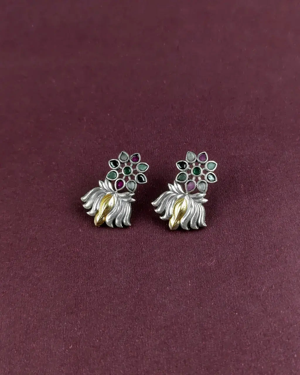 Oxidised Silver Floral Studs with Gold Leaf Detailing