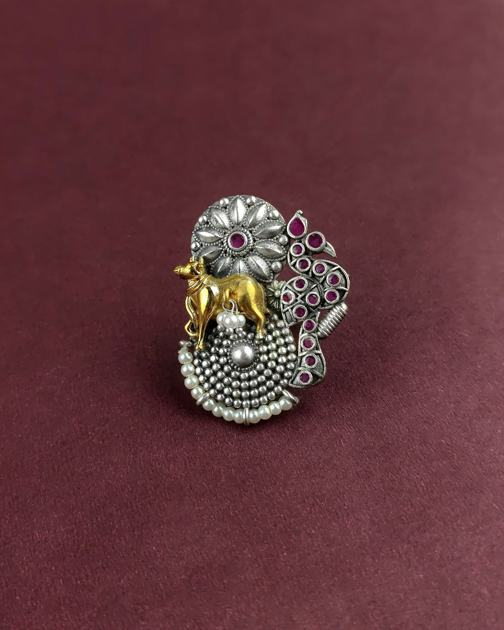 ANTIQUE COW MOTIF OXIDISED ADJUSTING RING WITH PEARLS & PINK STONE WORK   ##AS002