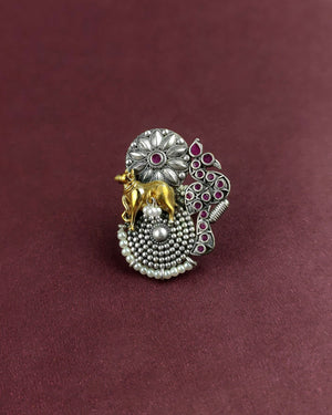 ANTIQUE COW MOTIF OXIDISED ADJUSTING RING WITH PEARLS & PINK STONE WORK   ##AS002