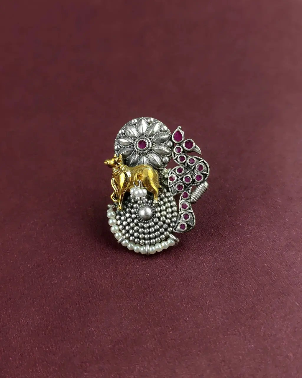 Antique Cow Motif Oxidised Adjustable Ring with Pearls & Pink Stone
