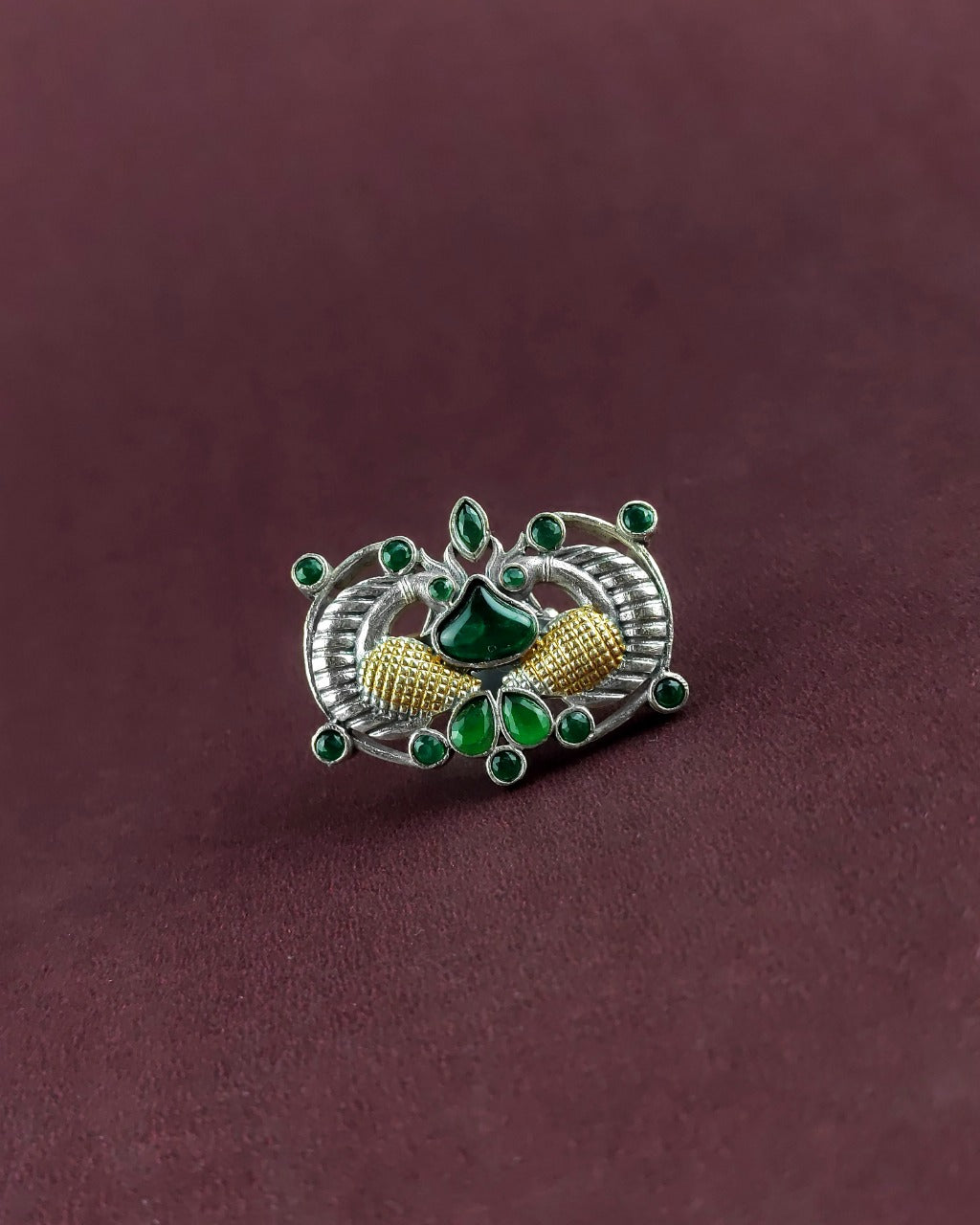 PEACOCK MOTIF OXIDISED ADJUSTABLE RING WITH GREEN  ##AS004