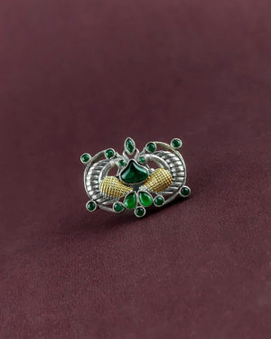PEACOCK MOTIF OXIDISED ADJUSTABLE RING WITH GREEN  ##AS004