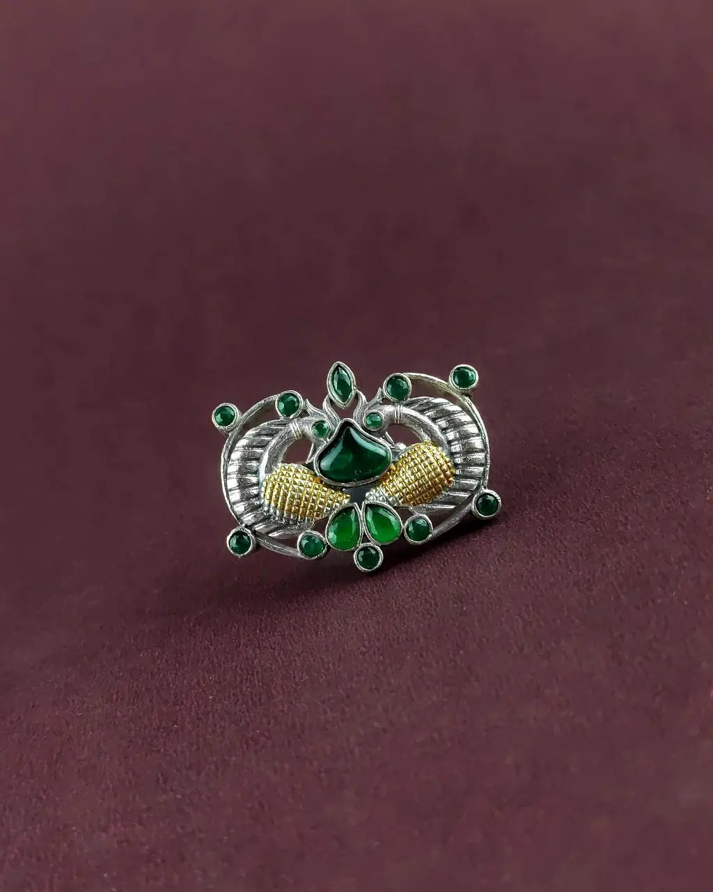 Peacock Oxidised Adjustable Ring with Green Stone