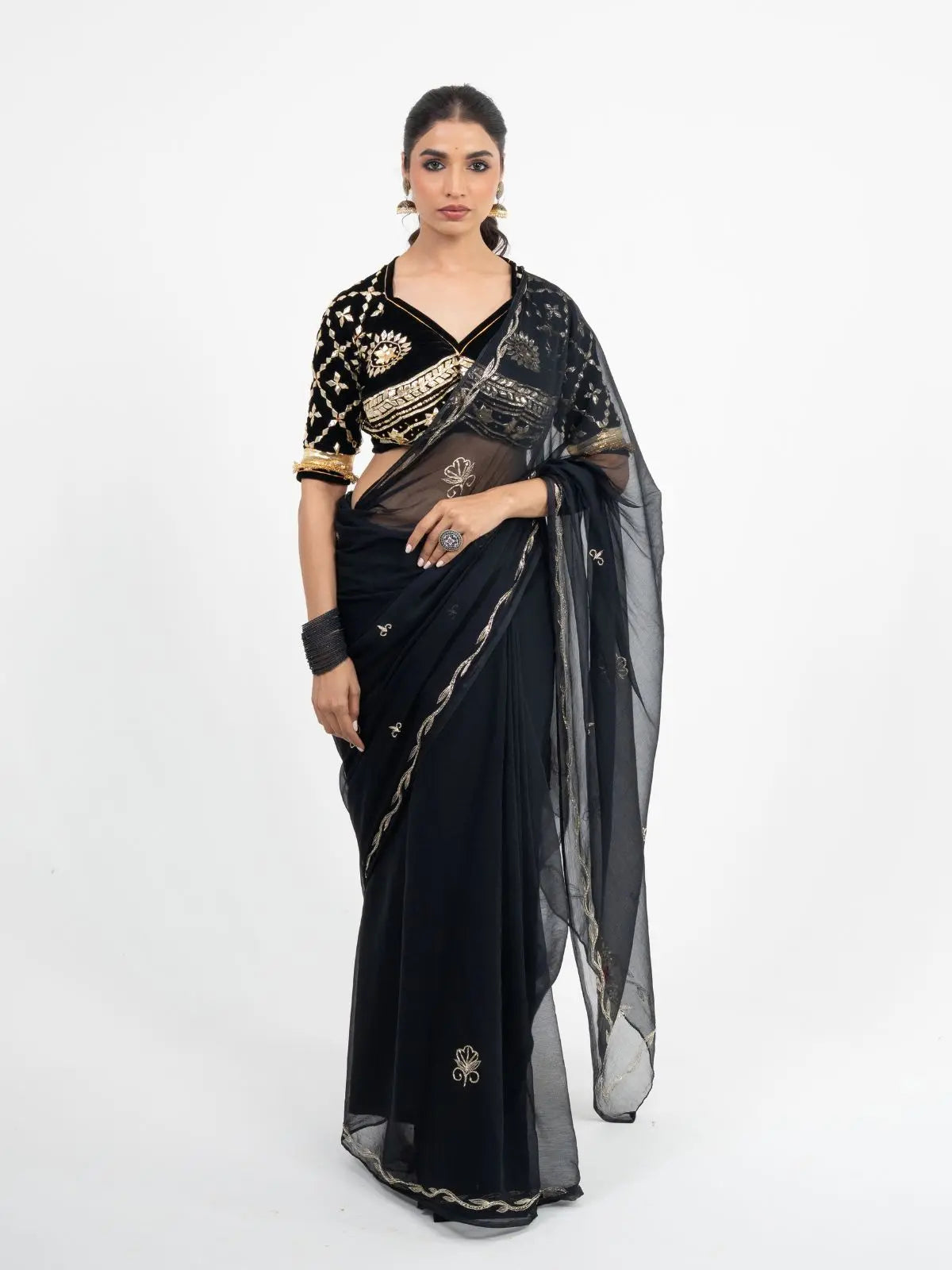 Vintage Work Diamond Chiffon Saree with Rajasthani Aangi