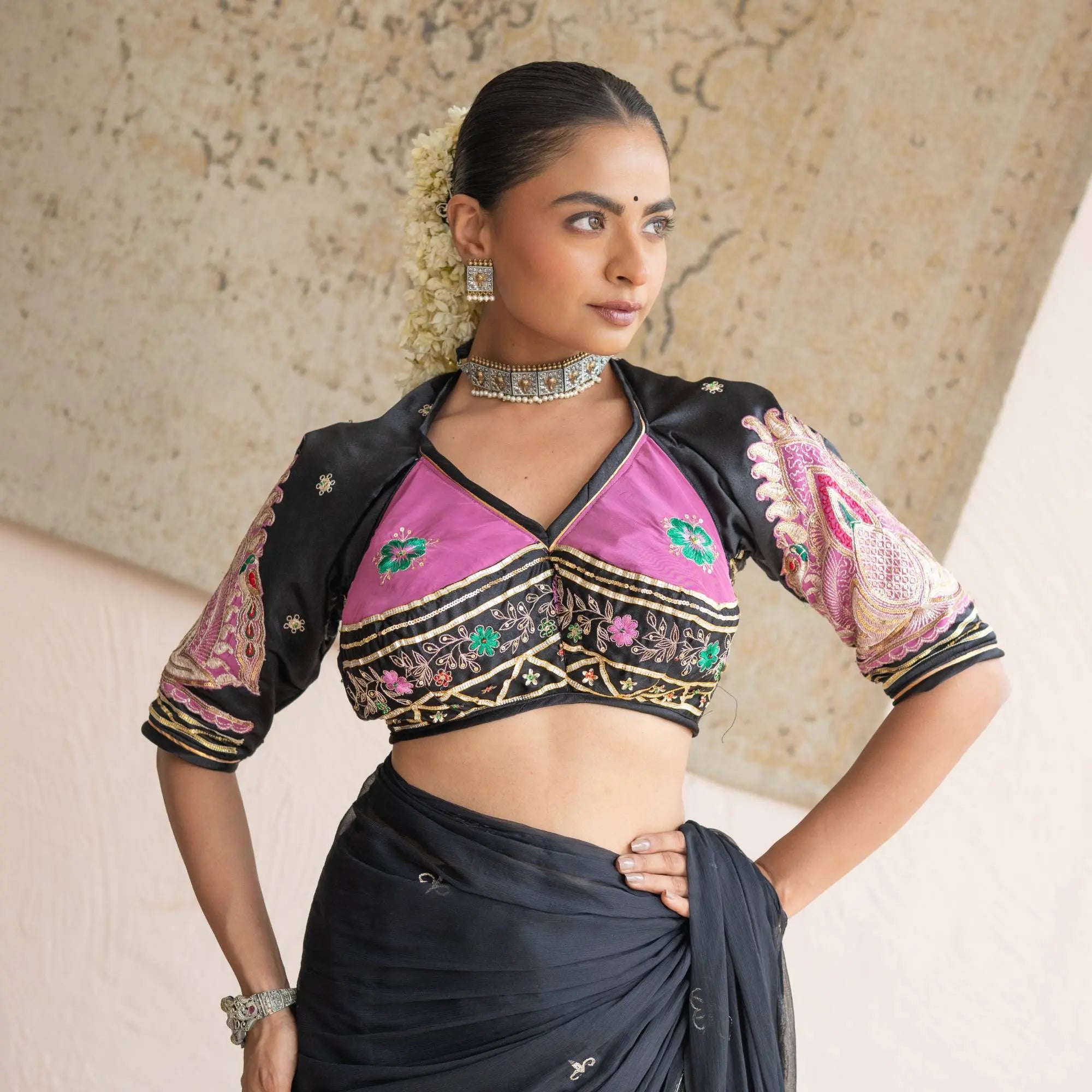 Vintage Work Diamond Chiffon Saree with Rajasthani Aangi