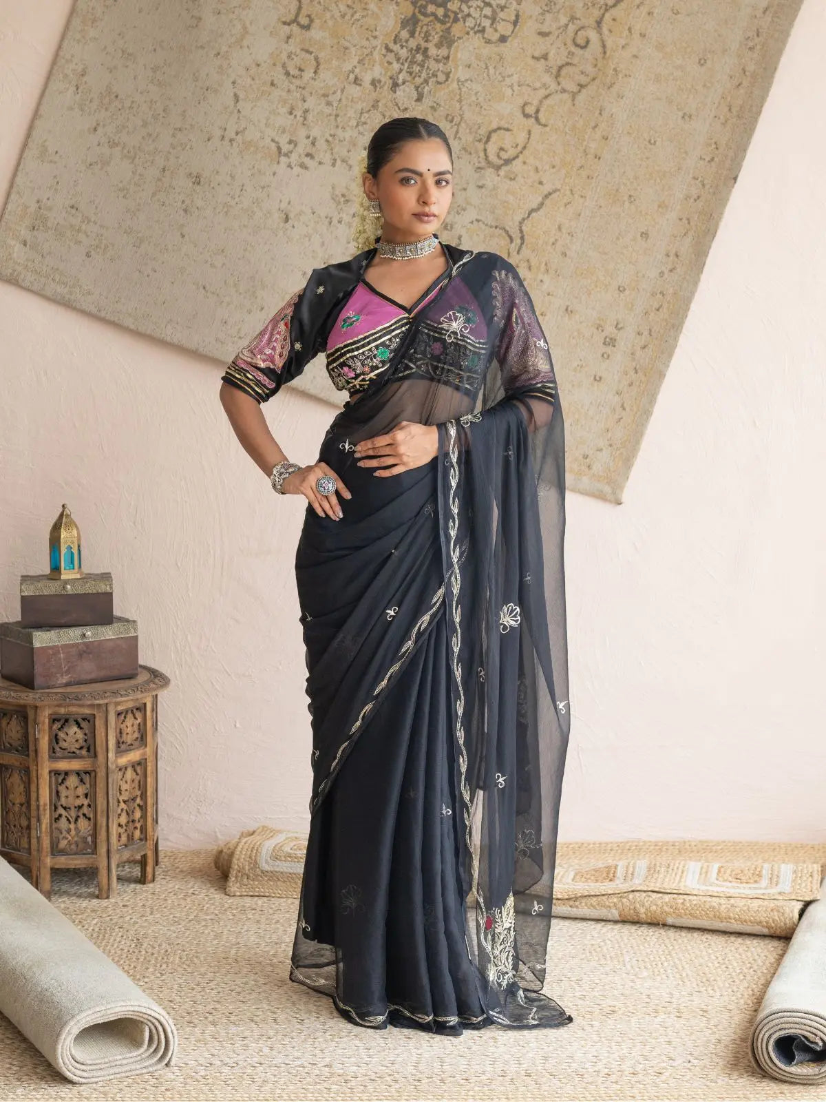 Vintage Work Diamond Chiffon Saree with Rajasthani Aangi
