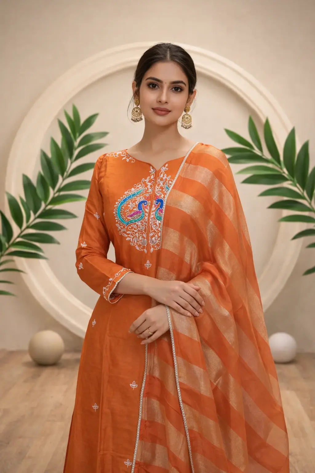 Royal Peacock Embroidered Silk Suit Set with Zari Dupatta (Orange Color)