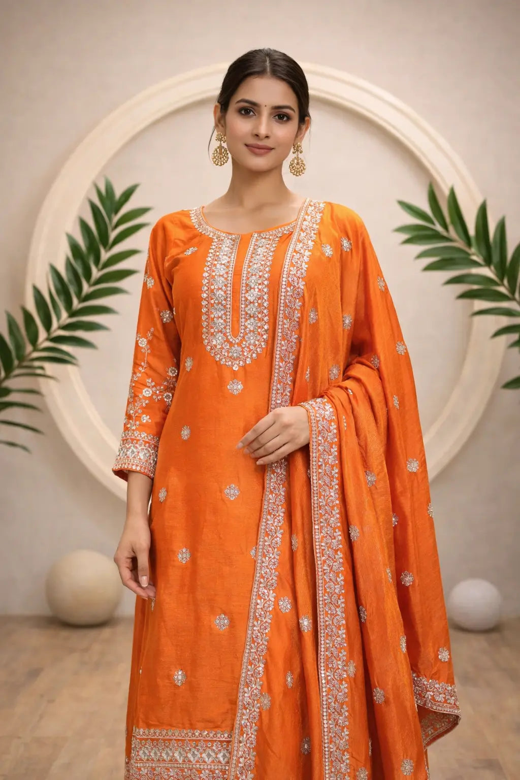 Festive Orange Embroidered Suit Set with Heavy Dupatta